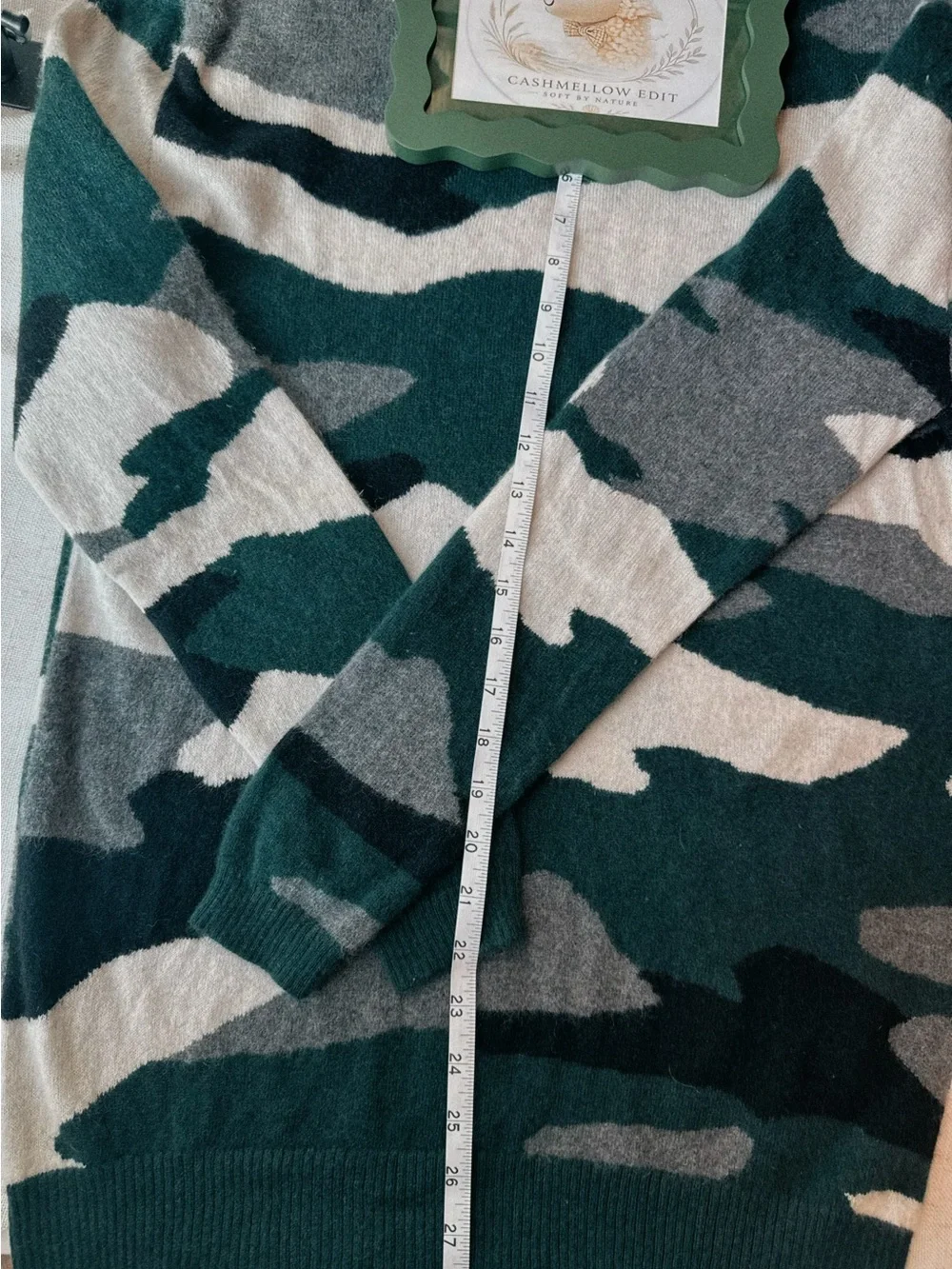 100% Cashmere by Aqua Teal, Gray & Cream Camo Crew Sweater - Picture 4 of 6